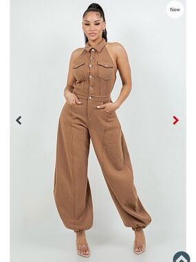 Kaylee Kollection: Halter Neck Button Down Wide Leg Jumpsuit- Gray, Medium, NEW
